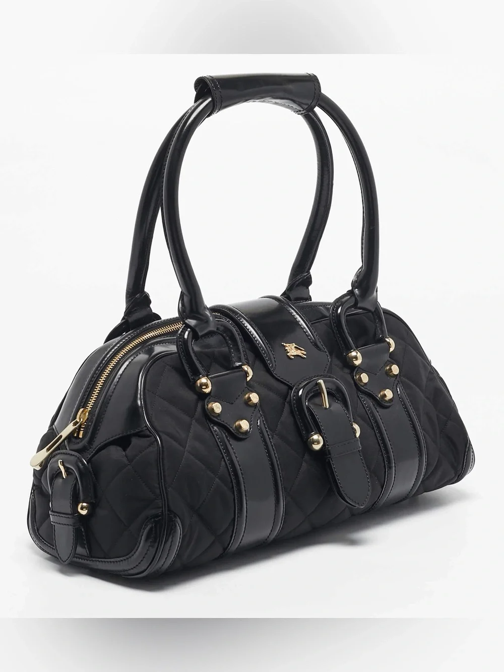 🐎 BURBERRY 🐎 BLACK QUILTED NYLON AND PATENT LEATHER MANOR SATCHEL AUTHENTIC